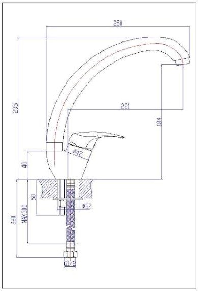 Стоящ смесител за кухня Серия Inga технически чертеж