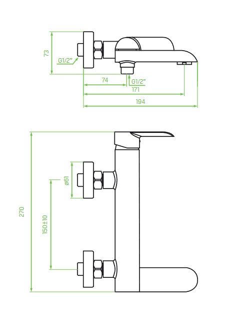 Смесител за вана Серия Аlea Chrome BLE_01FD_TECHNICAL DRAWING