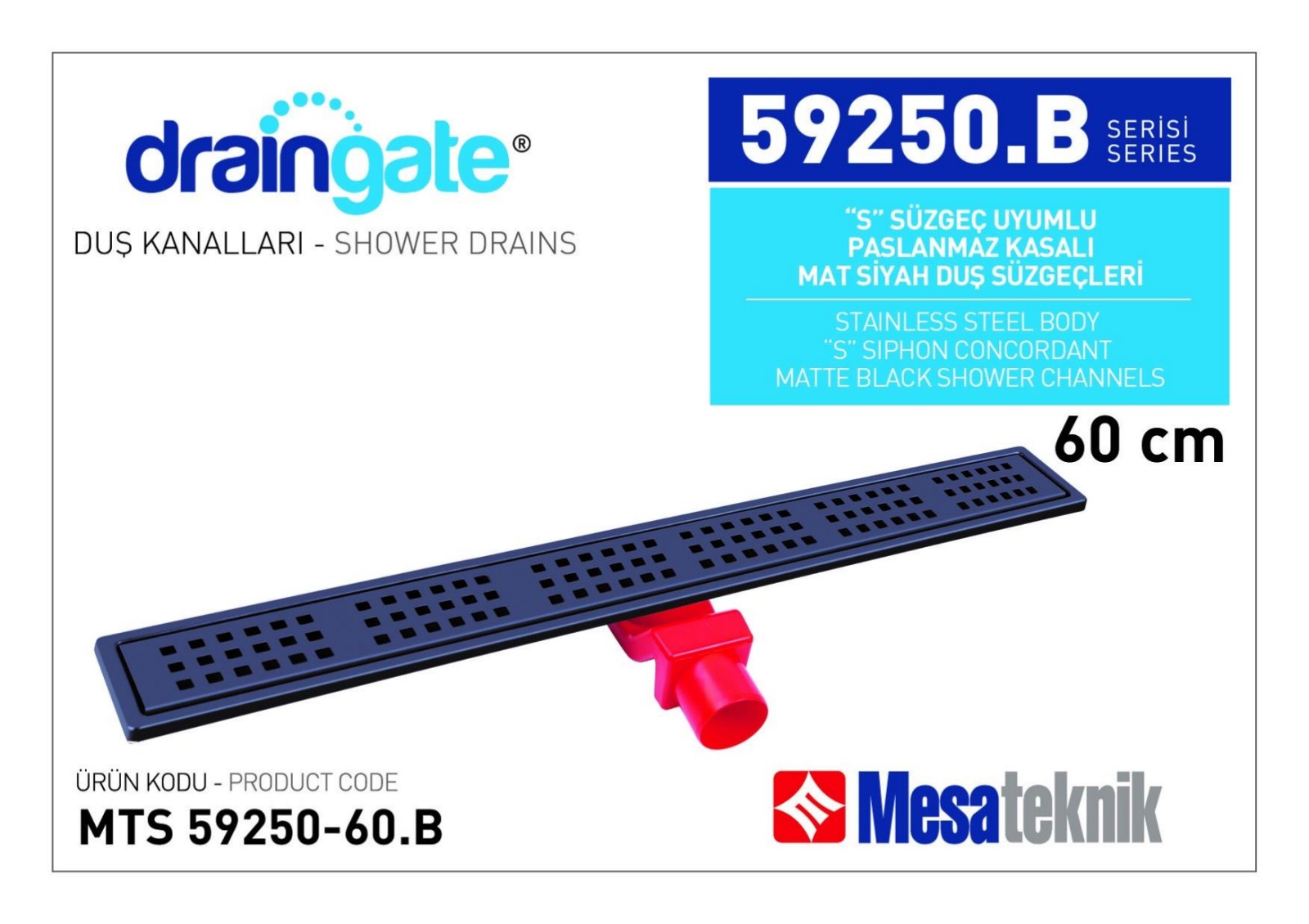 Линеен сифон 60 см Black Matte - Нисък - Серия Mesateknik MTS59250.B-60