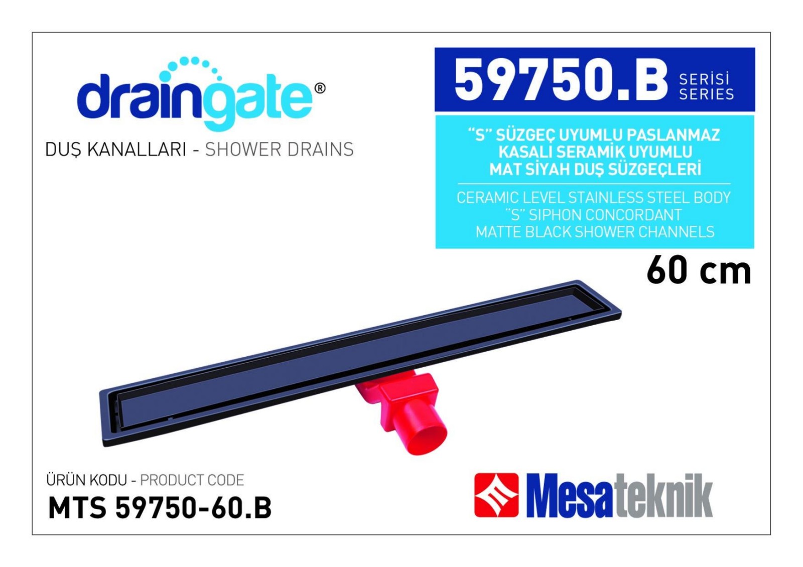 Линеен сифон 60 см Black Matte - за плочка - Серия Mesateknik MTS59750.B-60